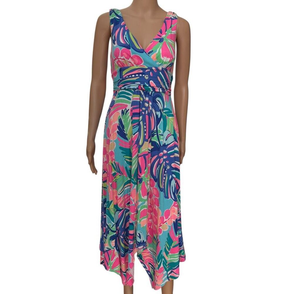 Lilly Pulitzer Sloane midi dress colorful floral leaf handkerchief hemline sz S - Picture 2 of 9
